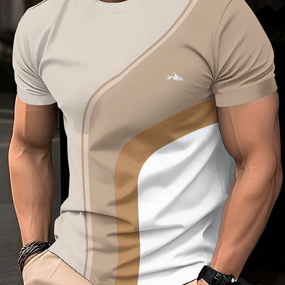 Men'S Beige Geometric Print T-Shirt - Casual Crew Neck, Slight Stretch Fabric, Modern Design with Striking Patterns, Everyday Tshirt   Modern Tshirt   Comfortable Fit
