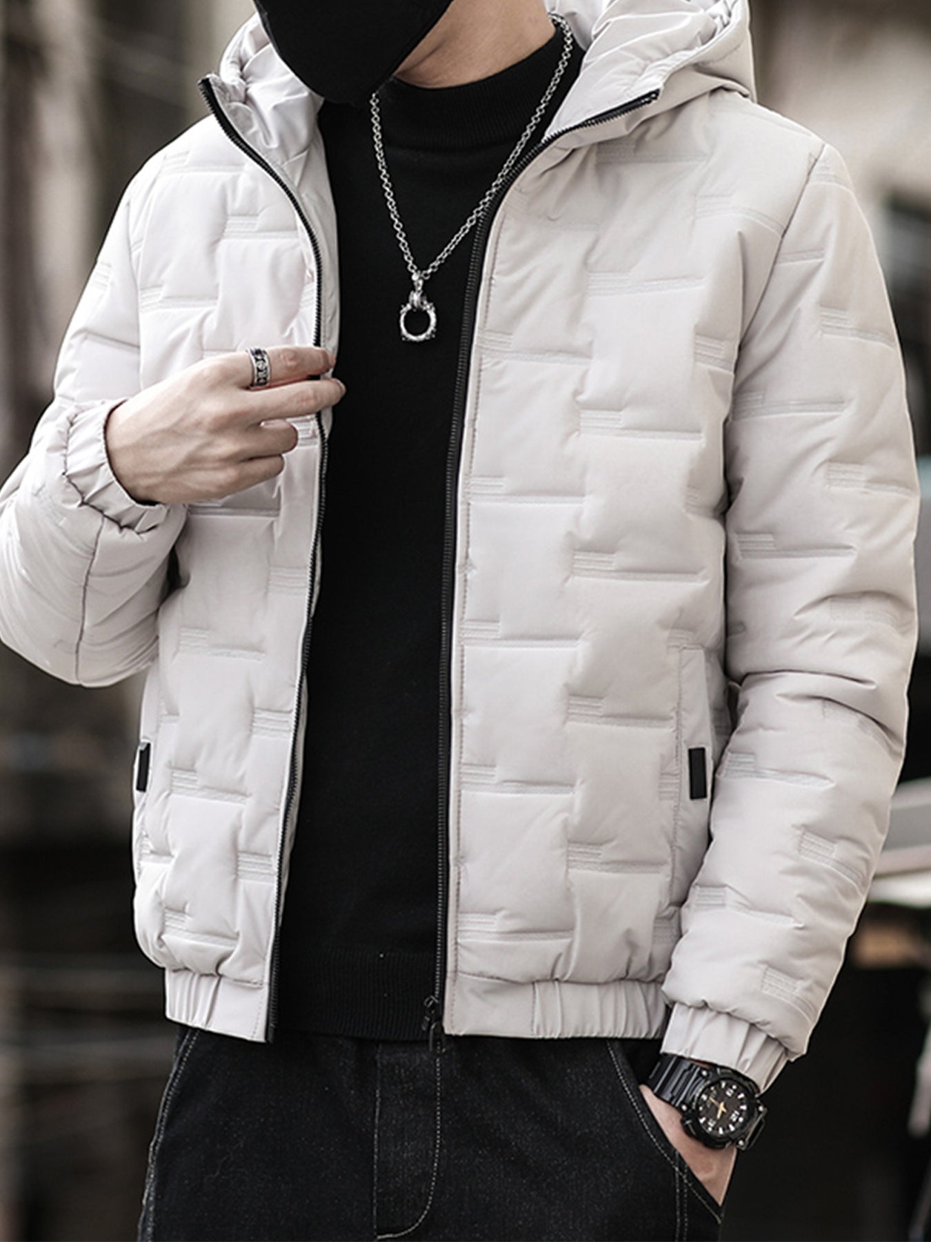 1pc Men's Heavy-Duty Winter Jacket with Hood - Stand Collar & Zippered Pockets, Grey/Black & White, Machine Washable Cold Weather Coat for Skiing, Snowboarding, Outdoor Activities (-Filled)