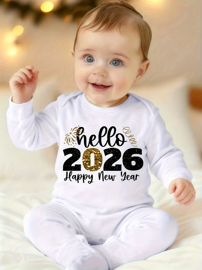 Hello 2026 Happy New Year Alphabet Print Newborn Baby Bodysuit | All-season, Footed, Casual Style, Suitable for Baby Boy, for Outdoor
