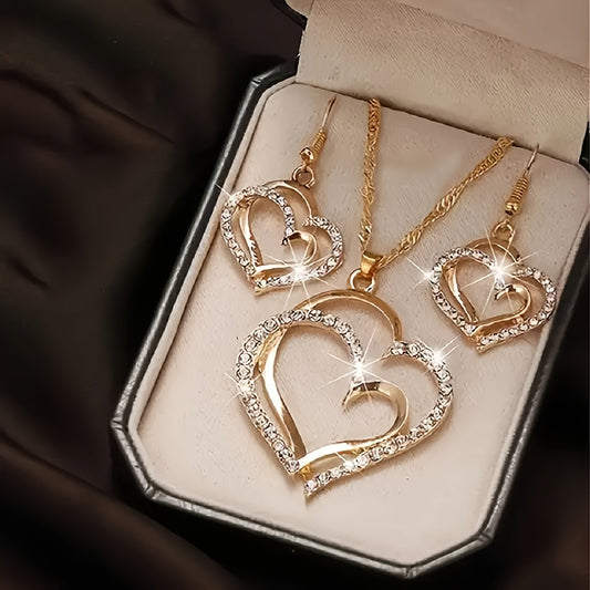 A Creative And Unique Jewelry Set Consisting Of 1 Pair Of Earrings And 1 Necklace, Featuring A Sparkling Heart-shaped Design With Shiny Rhinestones, Perfect For Accessorizing Daily Outfits Or Party Wear.