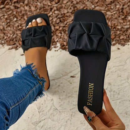 Women's Pleated Design Slide Sandals, Casual Square Open Toe Flat Summer Shoes, Lightweight Slide Sandals