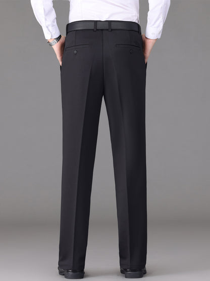 [Lightweight Design] Men's High-Waist Stretch Dress Pants - Wrinkle-Resistant, Dark Blue Business Casual with Pockets, Straight Leg Fit for Spring/Fall