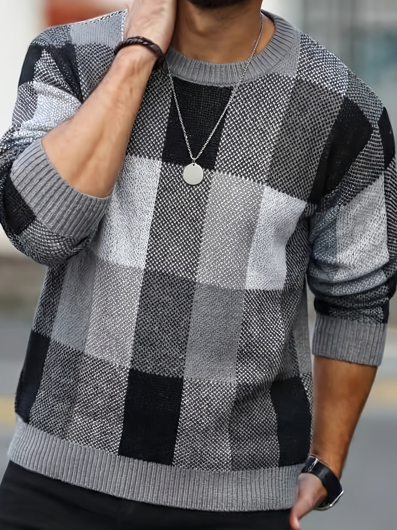 Men'S Casual Plaid Crew Neck Knit Sweater | Loose Fit, Long Sleeve, Fashionable Color Block Design, Suitable for Fall/Winter