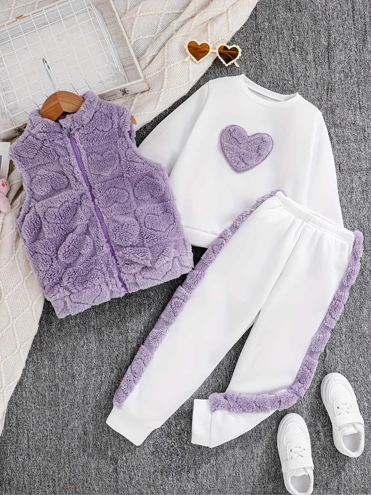 Girls 3-Piece Heart Pattern Fall/Winter Casual Set - ayq