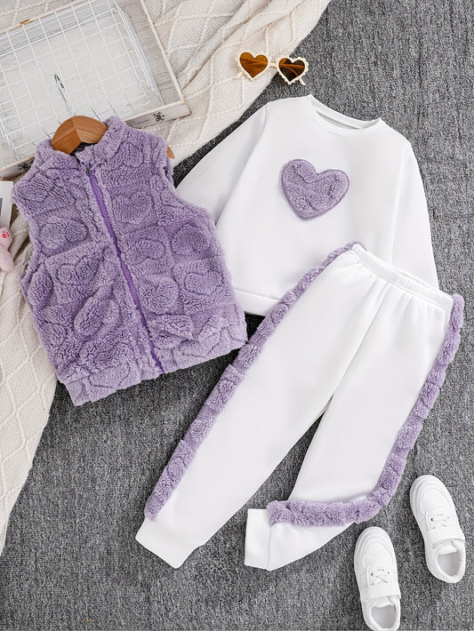 Girls 3-Piece Heart Pattern Fall/Winter Casual Set - ayq