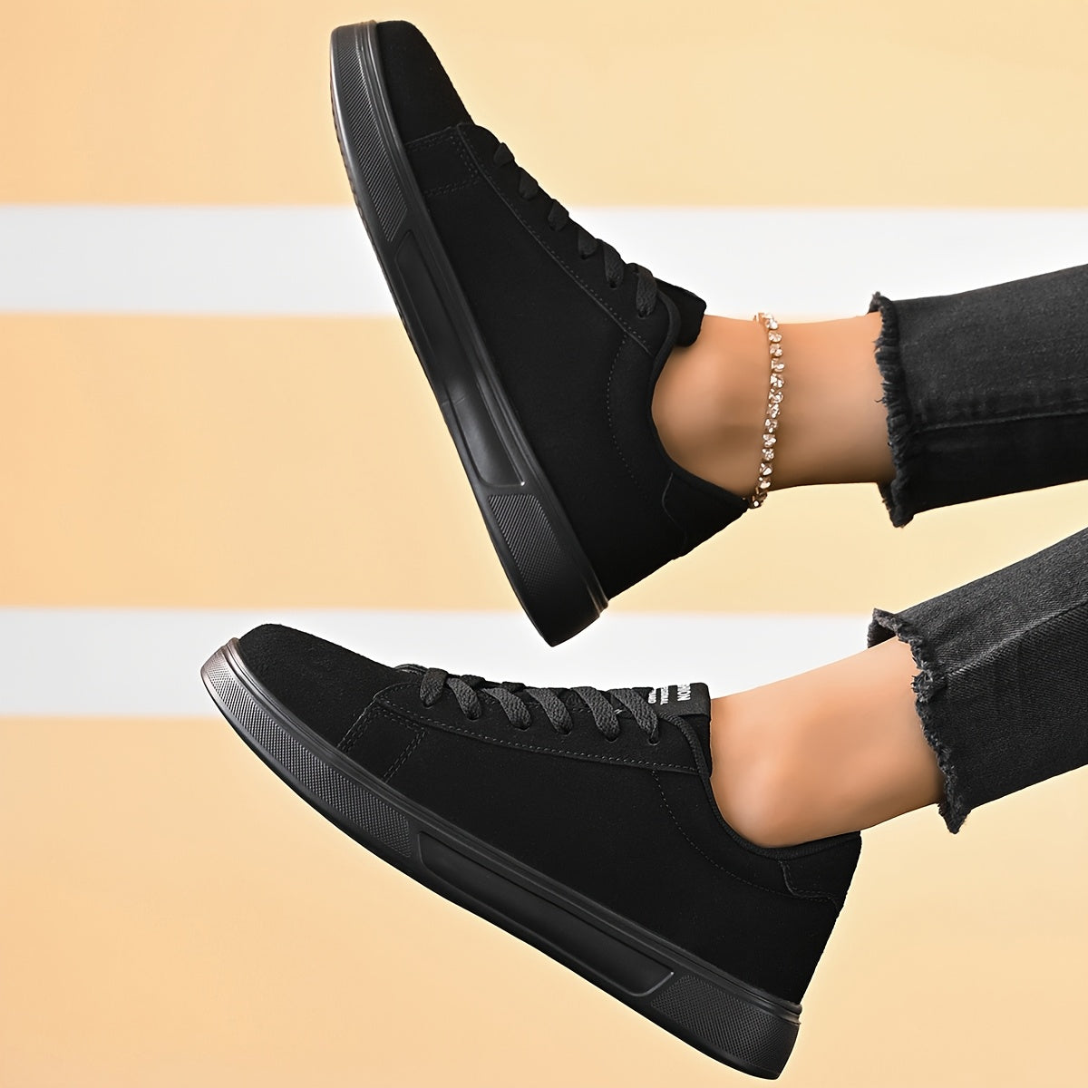 Women'S Simple Solid Black Lace-Up Flats, Comfortable Skate Shoes, Casual Versatile, for Couples, with Stability Support, Lightweight EVA Sole, for All-Season Road Running, Daily Wear, Outdoor Hiking, Sports