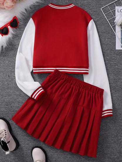 Girls' Preppy Baseball Collar Top and Pleated Skirt Set