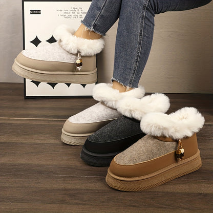 Կանացի հաստ պլատֆորմով ձմեռային ձնագնացներ փափուկ արհեստական մորթյա օձիքով և հաստ ռետինե ներբանով - բեժ/մուգ մոխրագույն կլոր քթով, սառույցի, ձյան, ցեխի համար նախատեսված ճկունությամբ - հարմարավետ ամենօրյա և պաշտոնական հագուստի համար (ոսկեգույն ճարմանդով)