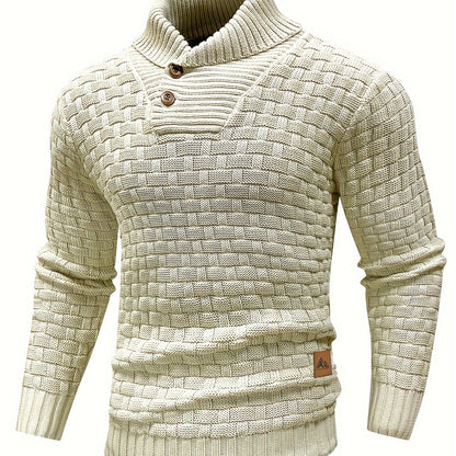 Men's Casual Waffle Pattern High Stretch Sweater, Chic Mature Pullover Sweater For Fall Winter