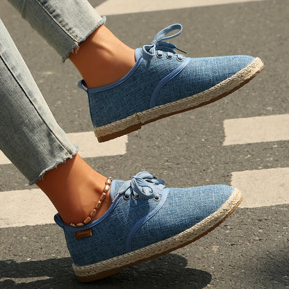 Women's Casual Solid Color Lace-Up Flats with Plain Toe, Lightweight Fabric Upper and Lining, TPR Sole, Versatile All-Season Comfort Shoes - Taizhou Origin