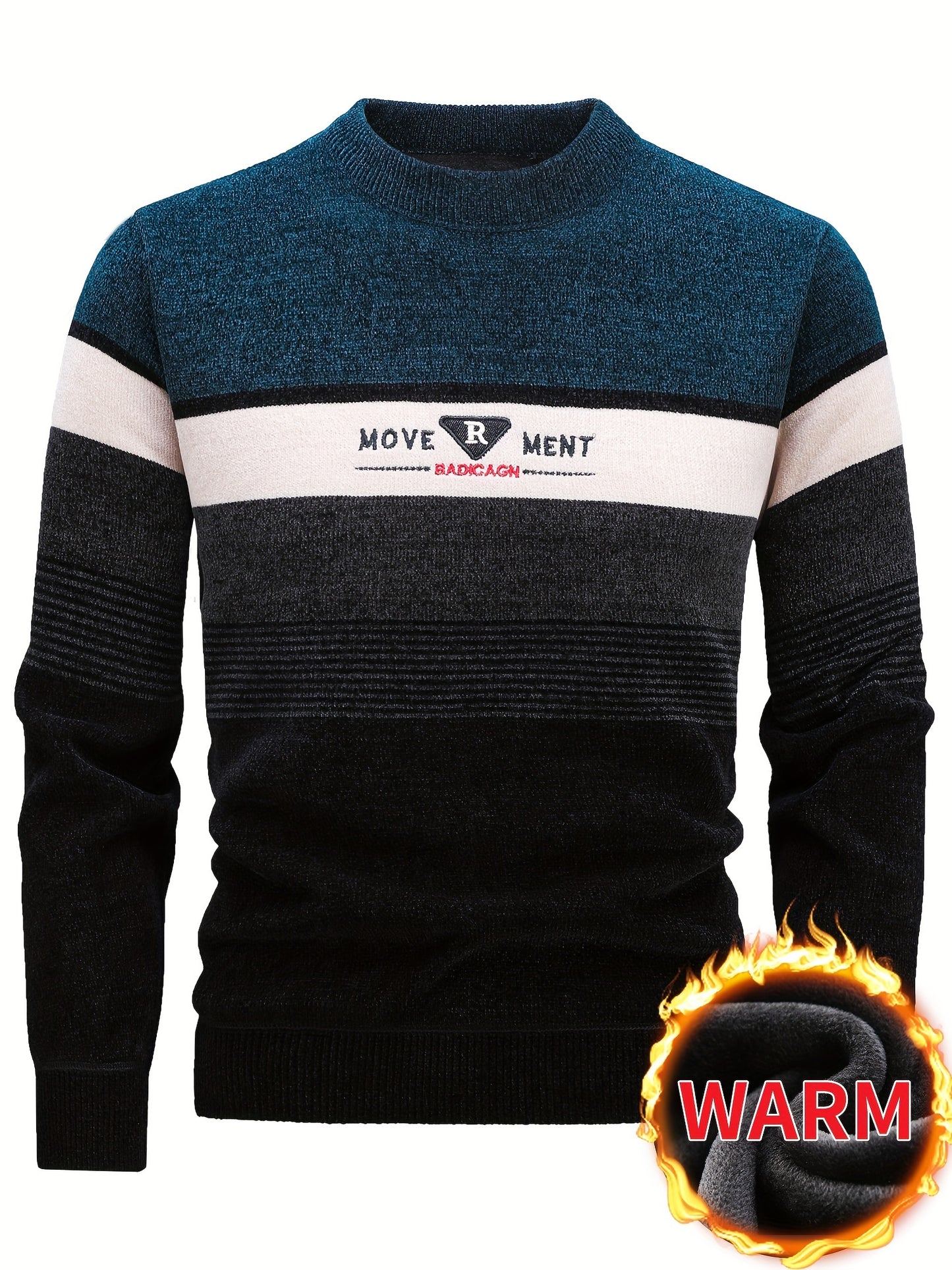 Temujin Men'S Winter Round Neck Sweater with Fleece, Knitted with Embroidered Stripes And Casual Letters for Warmth And a Fitted Style