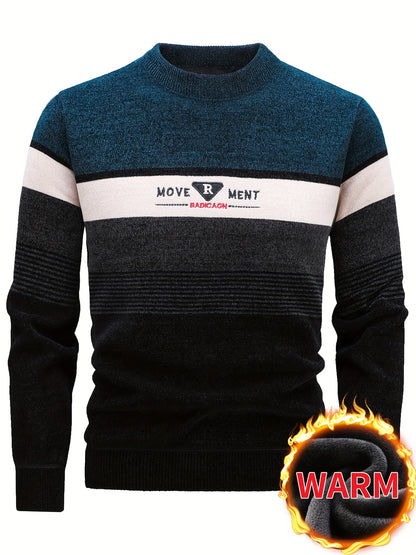 Temujin Men'S Winter Round Neck Sweater with Fleece, Knitted with Embroidered Stripes And Casual Letters for Warmth And a Fitted Style