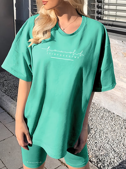 Women's Chic Lavender Letter Print Casual T-Shirt & Shorts Set - Comfy Polyester, Mid-Stretch Fabric, Round Neck, Machine Washable - Perfect for Spring/Summer