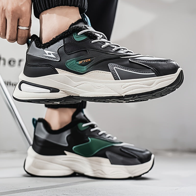 Men's Winter Sneakers with Plush Collar - Beige/Grey/Green PU Upper, Thick Rubber Sole & Traction Tread - Low-Top Lace-Up Warm Shoes for Cold Weather, Casual & Sports (White Accent)