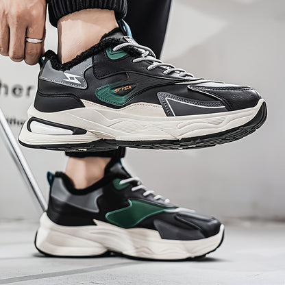 Men's Winter Sneakers with Plush Collar - Beige/Grey/Green PU Upper, Thick Rubber Sole & Traction Tread - Low-Top Lace-Up Warm Shoes for Cold Weather, Casual & Sports (White Accent)