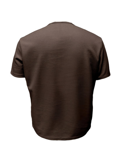 Men'S Long-Sleeve Henry Shirt in Knitted Waffle Style, Featuring Stylish Buttons And a Solid Color, Perfect for High-Quality Casual Outdoor Wear in Spring And Summer.