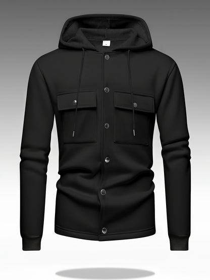 Men's Heavy-Duty Hooded Sweatshirt with Full-Zip Front & Utility Pockets - Olive Green Tactical-Style Outdoor Jacket, Long Sleeve Casual Pullover for Hiking, Camping, Casual Attire - Spring/Fall Layering Essential (Regular Fi