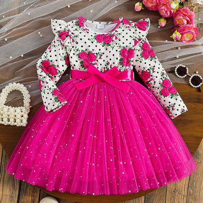 COVIVIKY Girls' Elegant Long Sleeve Party Dress with Puff Skirt & Sheer Panel - Knee-Length A-Line Wedding Prom Dress, Belted Waist Bow & Netting Trim, Hand Washable Winter Formal Gown for Girls (Age 4-12)