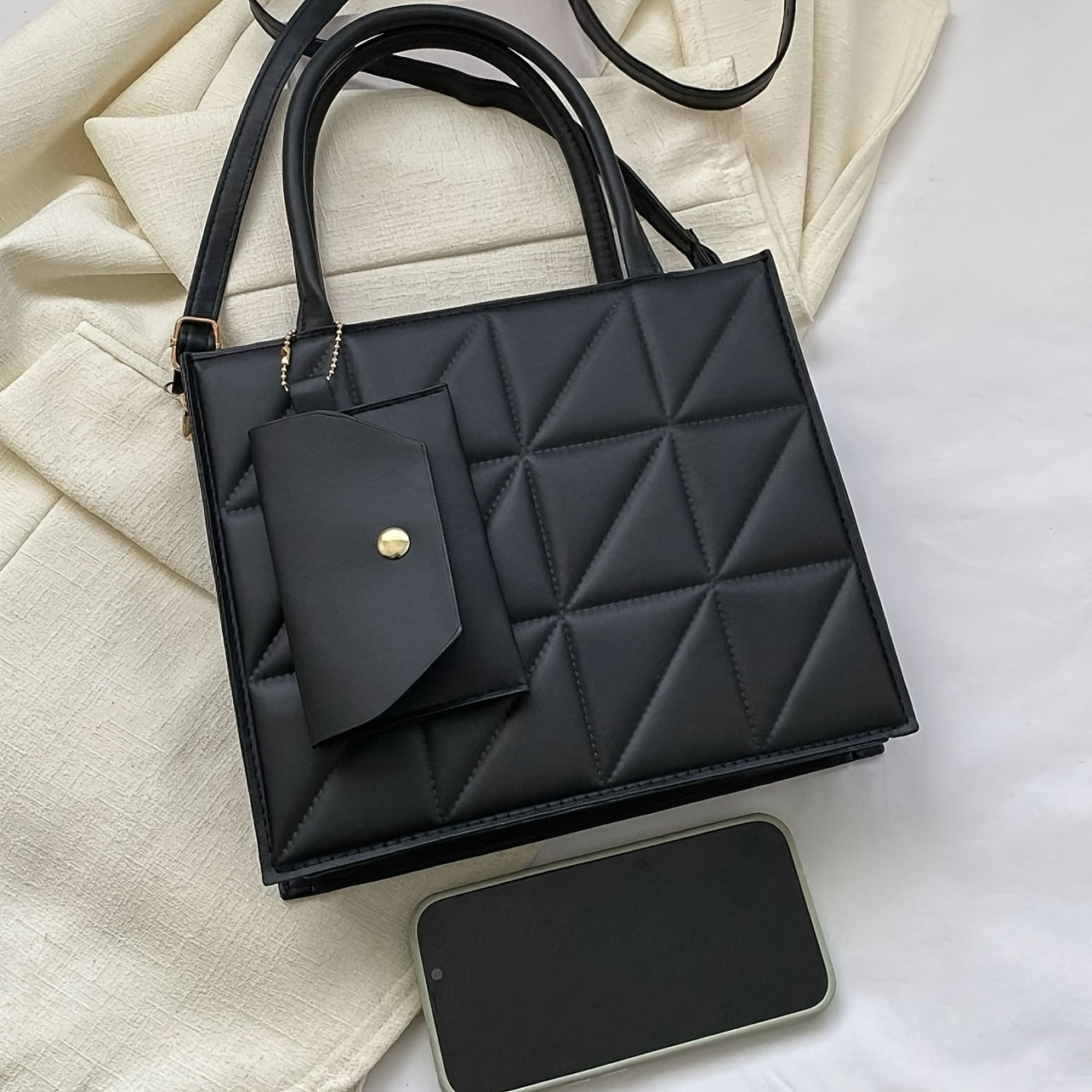 Quilted Square Crossbody Bag for Women - Synthetic Leather Work Bag with Detachable Coin Purse, Geometric Quilted Design, Adjustable Strap & Golden-Tone Hardware, Black Office Commute Bag for College Students & Professionals,