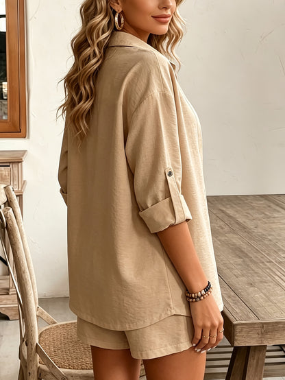 Women's Casual Loose Fit Shirt & Shorts Set, Polyester