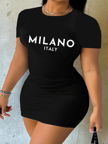 Women'S Milano Italy Print Bodycon Dress, Polyester 92% Elastane 8% Knit Fabric, High Stretch Geometric-Pattern, Short Sleeve Round Neck, Plus Size, Sports Style for Spring/Summer/Fall - 180g/m²