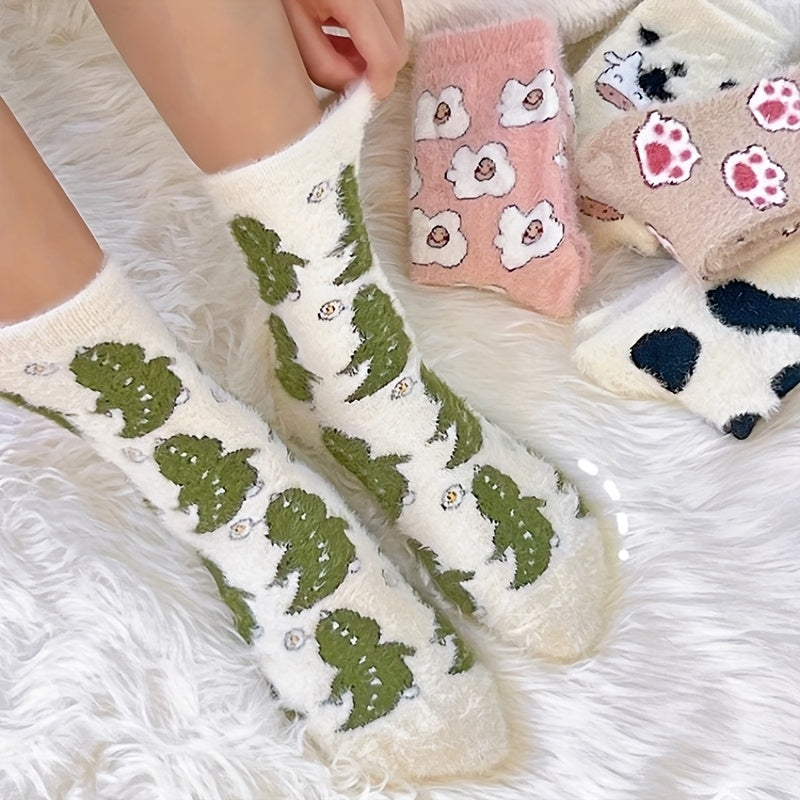 5 զույգ փափուկ, կաթնային կետերով գուլպաներ՝ հարմարավետ մորթե աստառով, խիտ տաք ձմեռային գուլպաներ՝ կովի/հավի/ոչխարի/կուղբի/արջի գեղեցիկ նախշերով, ընտանեկան փաթեթ / Արտաքին օգտագործման համար, լվացքի մեքենայով լվացվող, ցրտադիմացկուն կոշիկներ