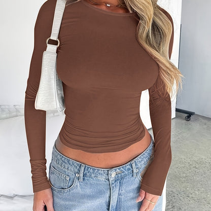 Women's Y2K Style Solid Color Crew Neck Long Sleeve T-Shirt, Polyester Knit Fabric, Skinny Fit, Short Length Pullover for Spring/Fall, Ladies T Shirts