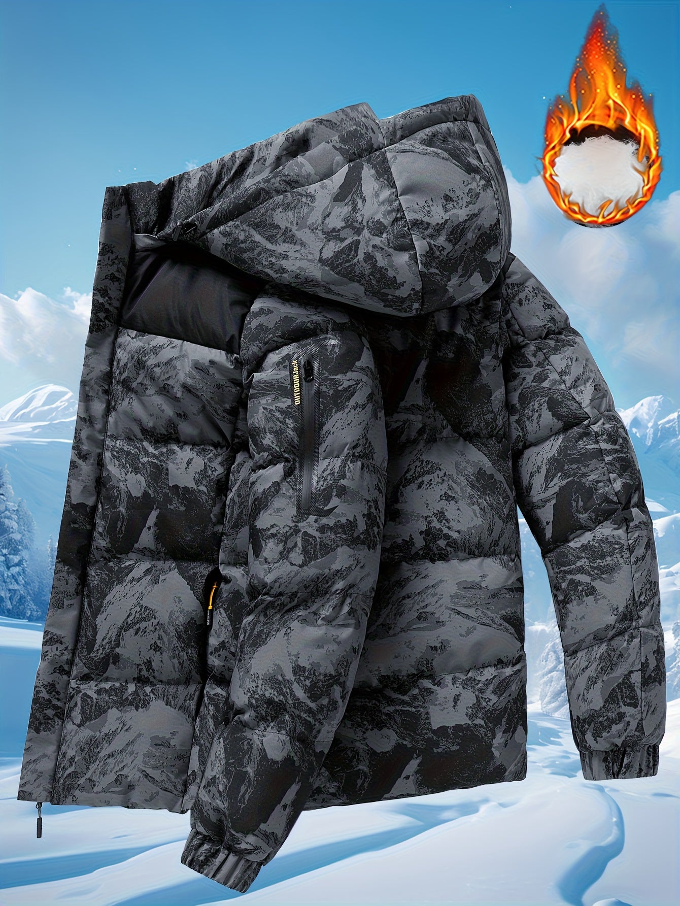 Men's Heavy-Duty Winter Thermal Hooded Jacket - Full-Zip Windproof Coat with Detachable Hood, Full-Zip Front Closure, Zipper Pockets - Machine Washable Cold Weather Jacket for Skiing, Snowboarding, Outdoor Activities - Camouf