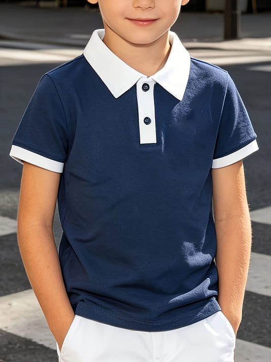 Տղաների մուգ կապույտ բամբակյա պոլո վերնաշապիկ՝ սպիտակ եզրերով - Ամառային Casual