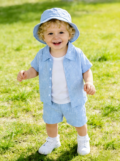Boys' Summer Casual 3D Letter Print Shirt & Shorts Set with Hat
