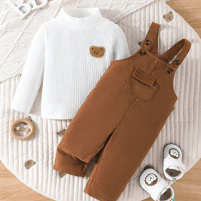 2pcs, Newborn Boy's Long Sleeves High Neck Bear Applique Top & Pocket Overalls Set For Leisure & Outdoor Activities, Meticulously Crafted For Fall And Winter, Outdoor Cloth