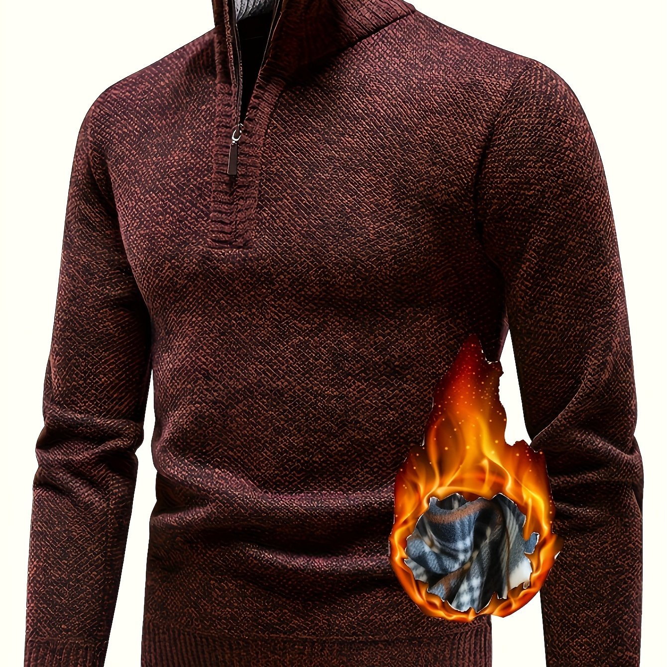 Men's Fleece-Lined Warm Knit Sweater - Autumn/Winter, Solid Color with Stand Collar & Short Zipper Placket, Long Sleeve, Polyester - Ideal for Hiking, Cycling & Casual Attire, Winter Sweater