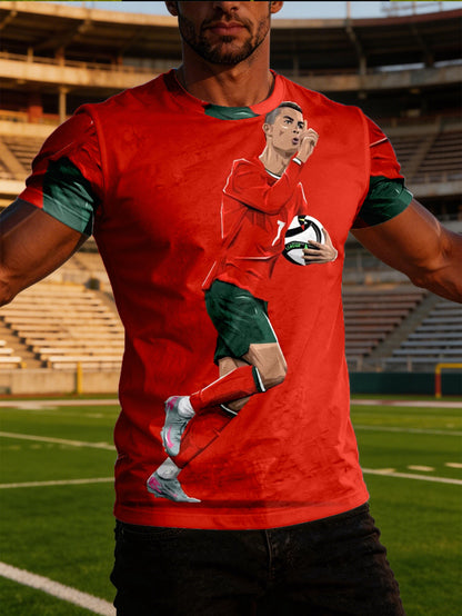 Men's Red Soccer Graphic Crew Neck T-Shirt - Lightweight Sports Tee