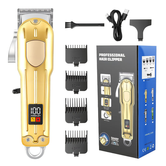 One Piece of a Golden Electric Hair Clipper for Men, Featuring a Professional-Grade Design with an Adjustable Serrated Blade, Four Comb Attachments of Varying Sizes, USB Charging Capability