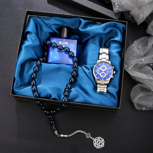 Men's Set, Alloy Blue Dial Watch + Perfume + Prayer Beads, Blues Style