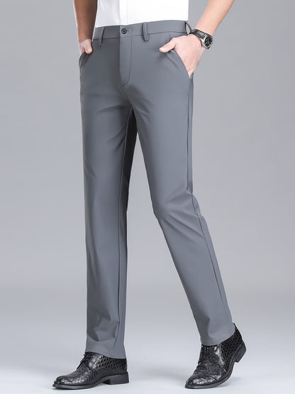 Men'S Navy Blue Straight Leg Dress Pants - Casual Style, Polyester Fabric with Slight Stretch, Mid Waist, Button Closure, No Belt, Regular Fit, Outdoor & Office Wear, Office Attire|Straight Leg Pants|Polyester Fabric