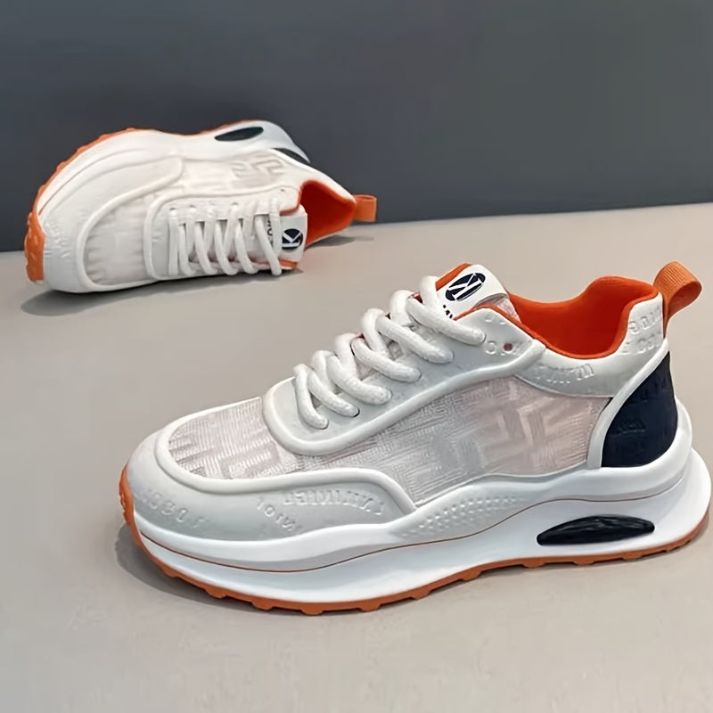 Men's Lightweight Breathable Low-Top Sneakers - PU Upper  PVC Sole, White/Navy/Red Accents, Lace-Up Round Toe for Casual, Outdoor, Running  Gym - All-Season Comfort Shoes, Casual Footwear, Geometric Pattern, Comfortable Fit