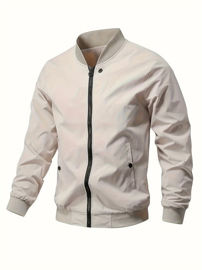 1pc Men'S Casual Stand Collar Bomber Jacket, Solid Color Long Sleeve Non-Stretch Woven Acetate with Pockets, Polyester Lined Zip-Up Lightweight Outerwear for Spring/Fall