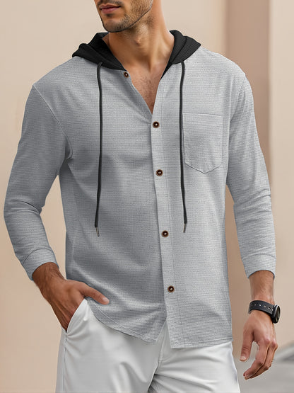 Men'S Lightweight Hooded Cardigan - Long Sleeve Sweater Jacket, Button-Front Closure, Light Grey Casual Outerwear for Office, Casual Attire - Breathable Fall/Spring Layering Essential, Sweater Cardigan, Waffle Texture, Durabl