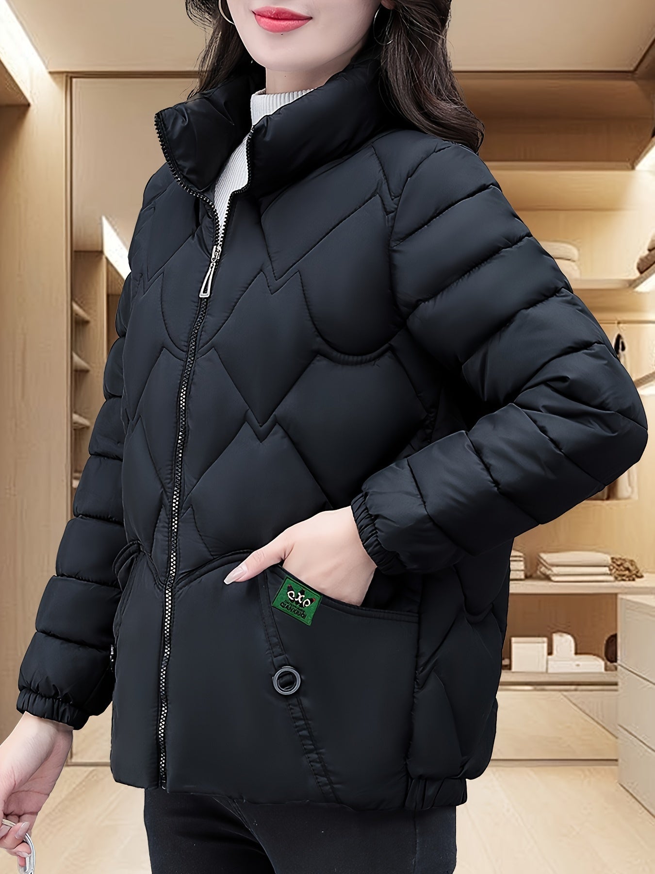 Women'S Embroidered Quilted Jacket, Casual Long Sleeve Polyester Coat, Non-Stretch H-Contoured Regular Fit, Pleated Hem, Thick Warm Winter Outerwear for Middle-Aged Moms