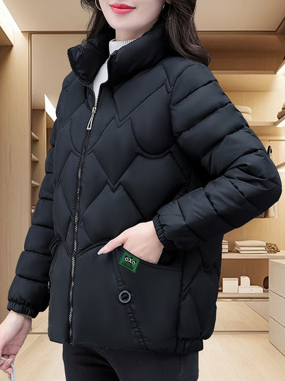 Women'S Embroidered Quilted Jacket, Casual Long Sleeve Polyester Coat, Non-Stretch H-Contoured Regular Fit, Pleated Hem, Thick Warm Winter Outerwear for Middle-Aged Moms