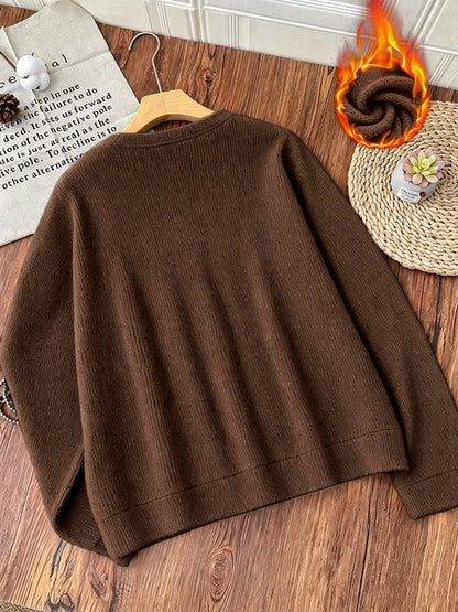 Women's Plush Long Sleeve Crew Neck Sweater - Casual Warm Pullover