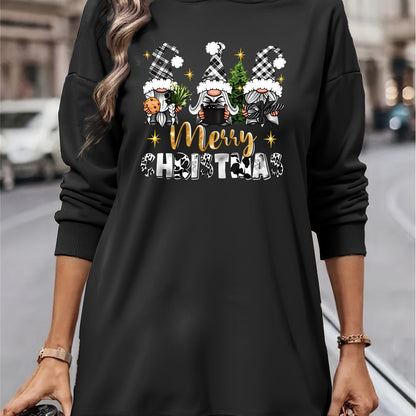 Women's Christmas Gnome Print Hooded Sweatshirt Dress - Soft Slim Fit Sweater Dress with Holiday Cheer Gnome Patterns, All-Season Casual Dress for Christmas Party Outfits (Machine Washable)