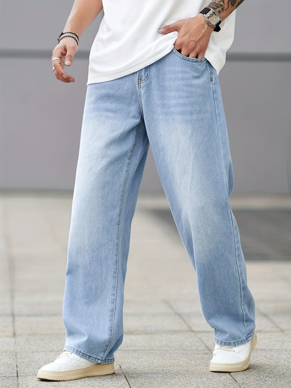 Men's Loose Fit Wide Leg Jeans, Men's Stylish Comfy Denim Pants, Versatile For Four Seasons