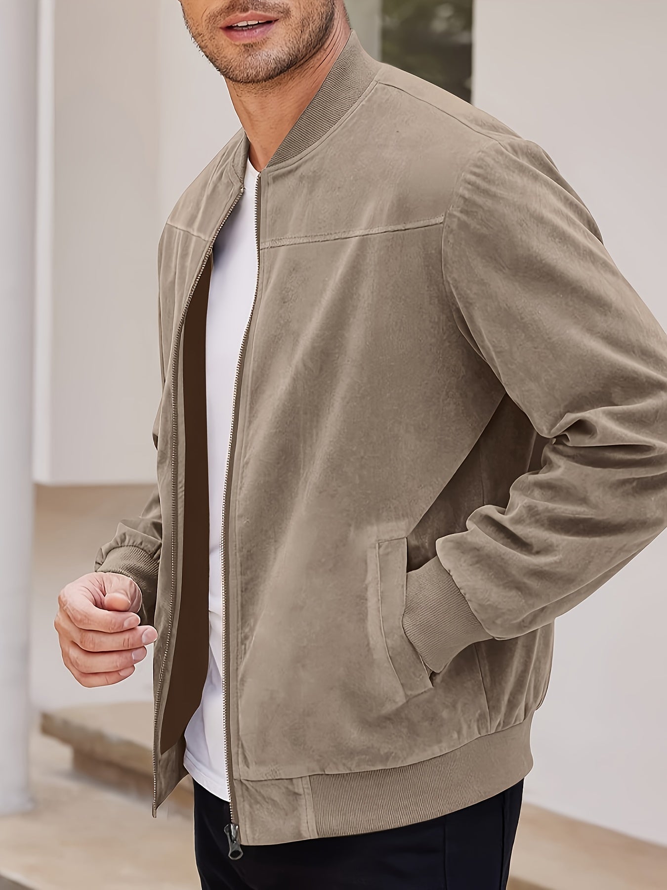 Men's Casual Corduroy Zipper Jacket with Stand Collar