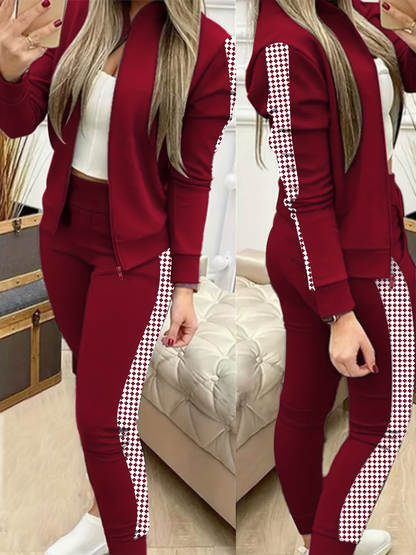 Two-Piece Outfit for Women Featuring a Geometric Design, Long-Sleeve Zip-Up Jacket, And Pants with Symmetrical Pockets - ayq