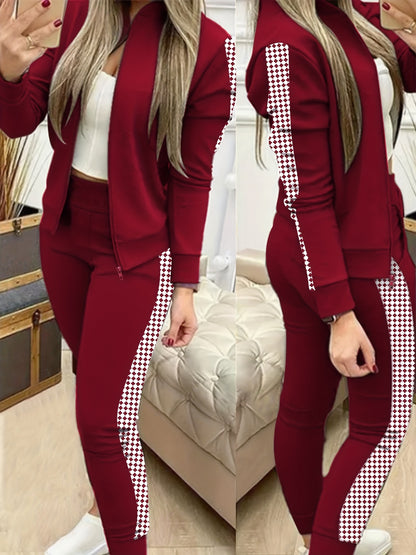 Two-Piece Outfit for Women Featuring a Geometric Design, Long-Sleeve Zip-Up Jacket, And Pants with Symmetrical Pockets - ayq