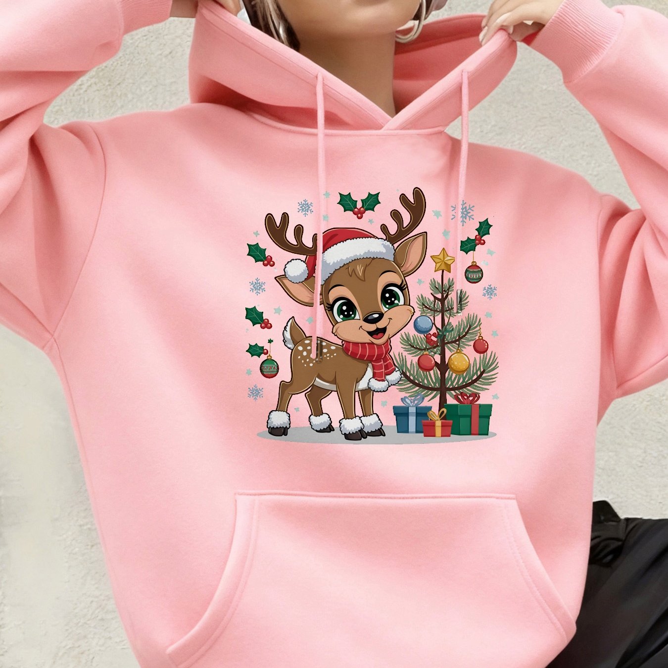 Women'S Christmas Hoodie - Thick Fleece-Lined Winter Sweatshirt with Deer & Snowflakes, Plaid Santa Hat Design, Cozy Casual Pullover for Holiday Party Outfits