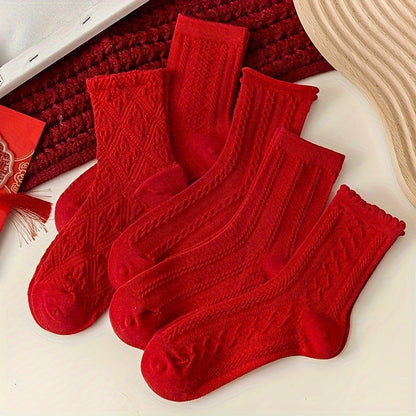 5 Pairs Women'S Red Socks with Intricate Embossed Patterns - Cozy Winter Socks for Fall & Winter, Soft & Durable, Solid Color Design, Perfect for Casual or Holiday Wear, Holiday Socks | Embossed Sock Design | Construction, Cu