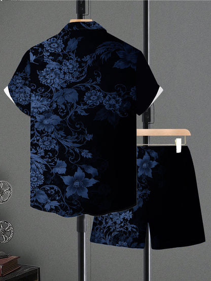 Men's Summer Casual Print Shirt and Drawstring Shorts Set